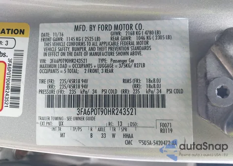 2017 Ford Fusion Se из США, поврежденный, VIN 3FA6P0T90HR243521